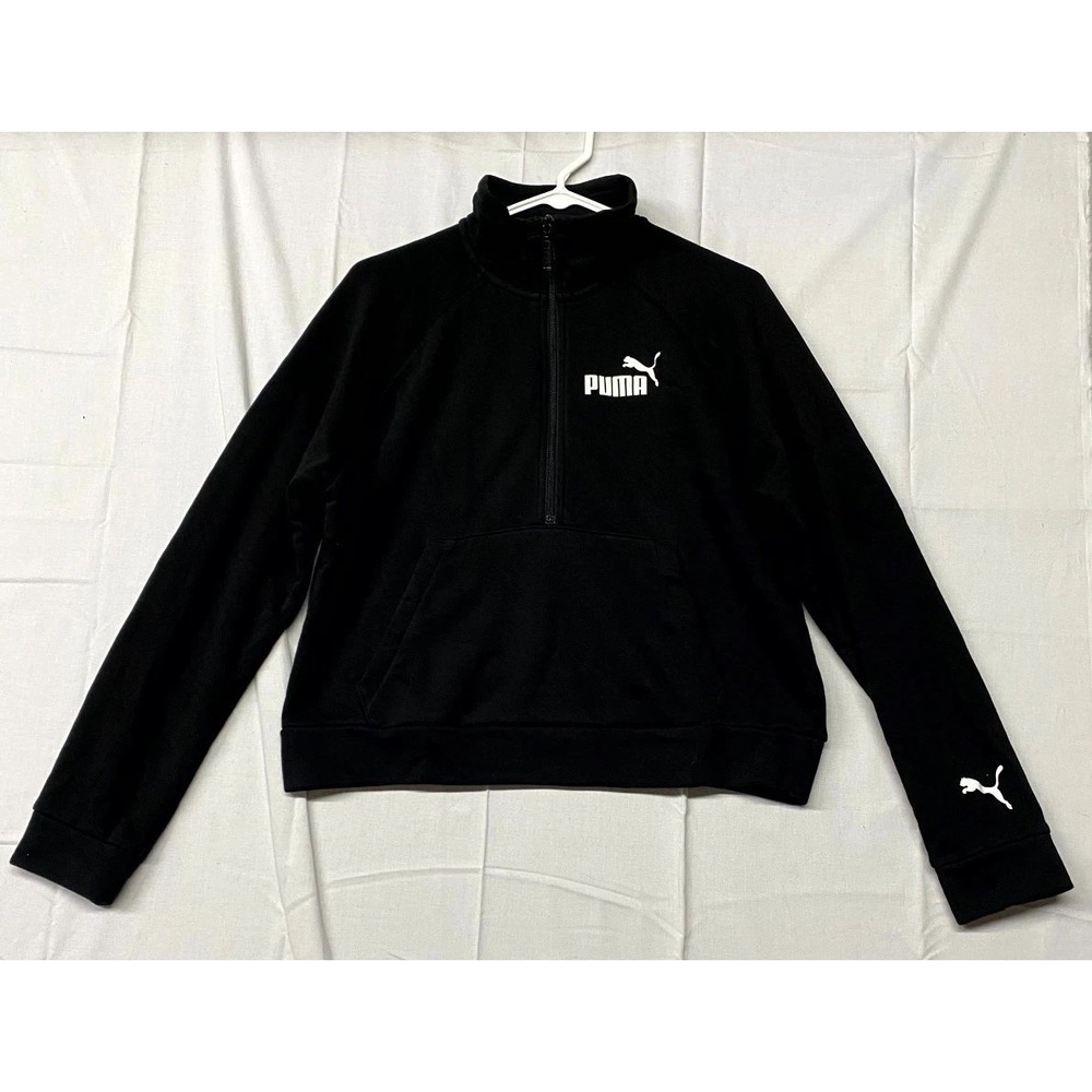 Puma Cropped Sweatshirt Women Medium Black French Terry Lined Mock Neck Half Zip